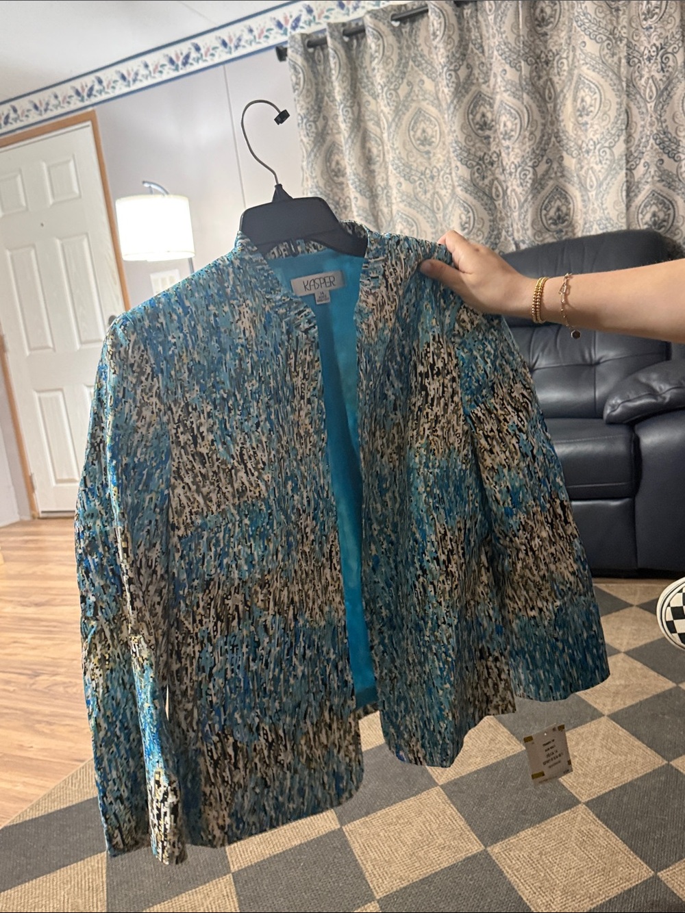 Kasper Teal Blue Multicolor Abstract Collarless Jacket - Picture 5 of 6